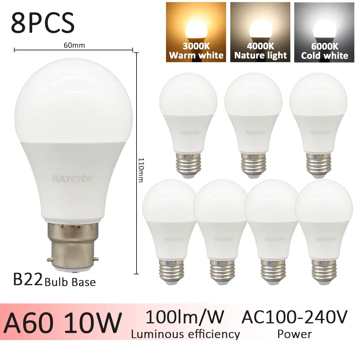 8pcs 10W B22