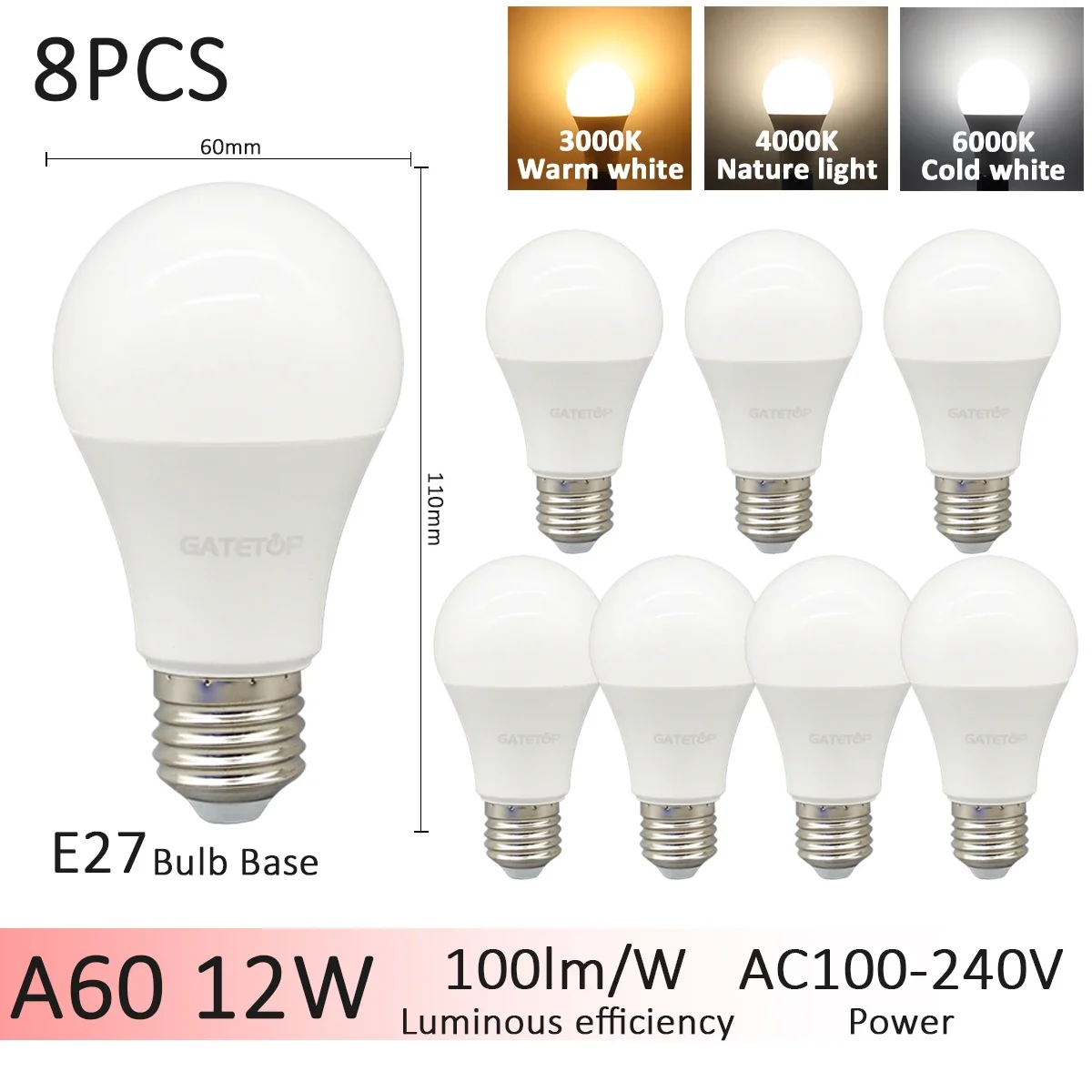 8pcs 12W E27