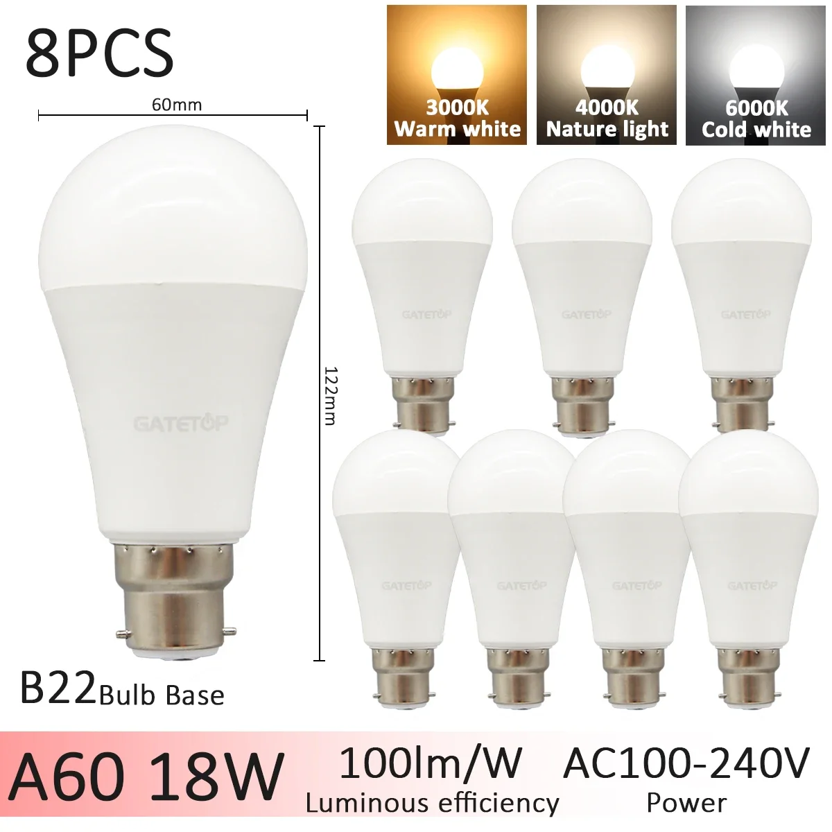 8pcs 18W B22