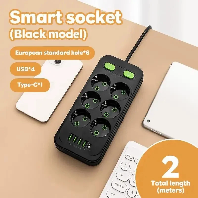 Black 6 Sockets USB