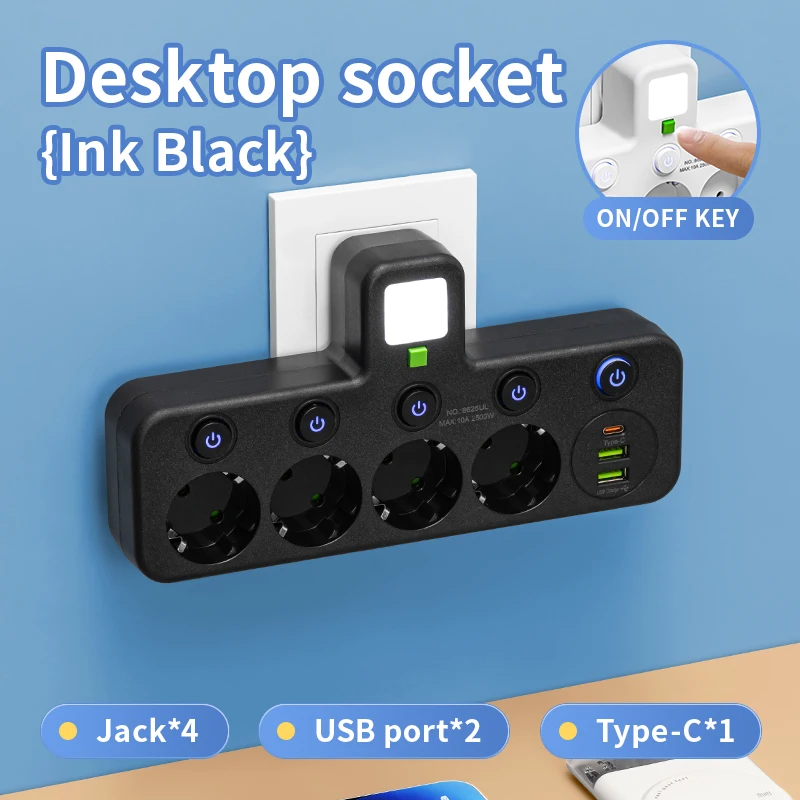Black 4 Sockets USB