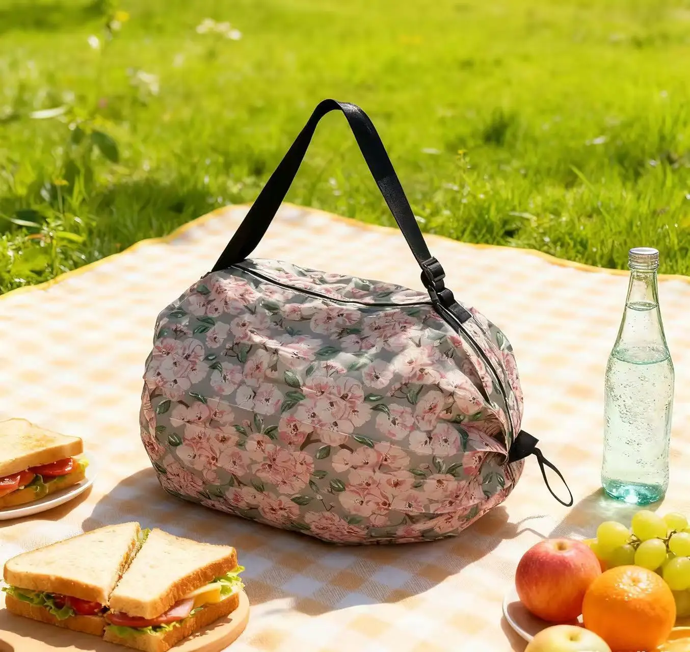 New pink peach blossom folding accordion bag 50*35cm