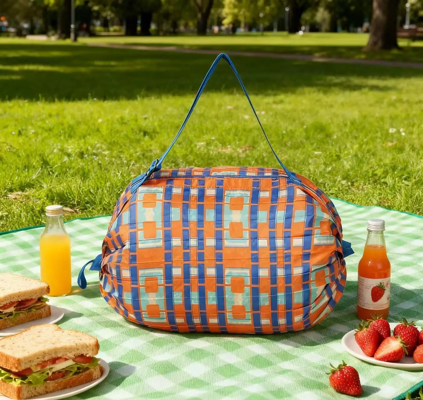 New blue and orange loop pattern foldable accordion bag 50*35cm