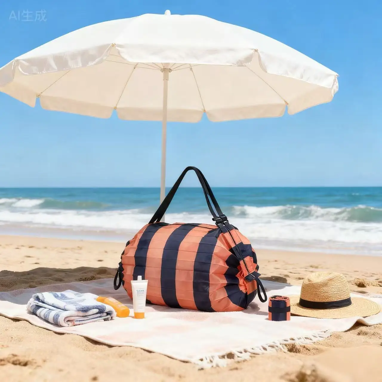 New orange and blue vertical striped folding accordion bag 50*35cm