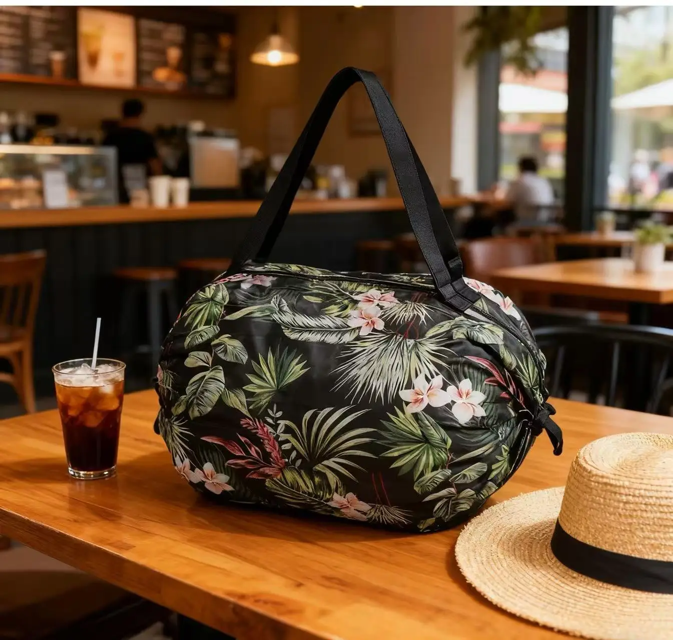 New tropical leaf green plant foldable accordion bag 50*35cm