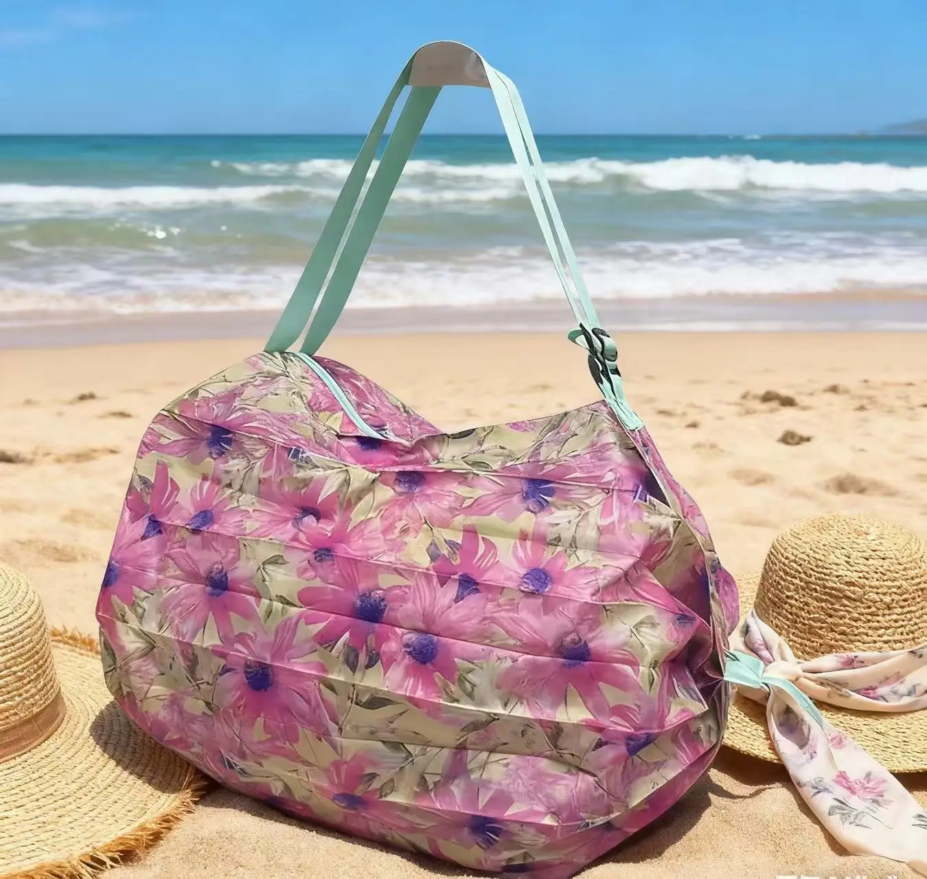 Hot selling digital printed pink daisy folding accordion bag 50*35cm