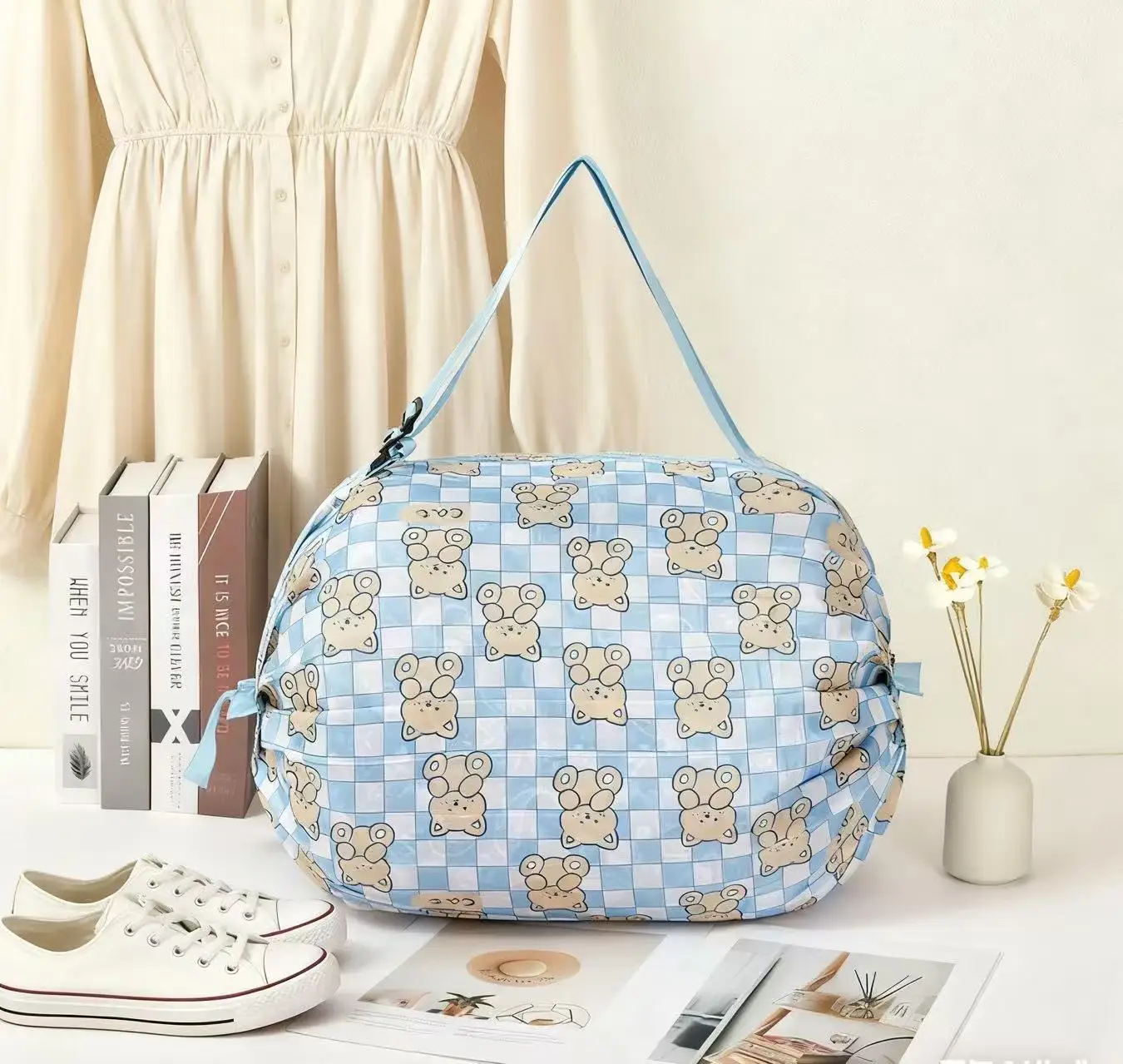 New blue and beige bear folding accordion bag 50*35cm