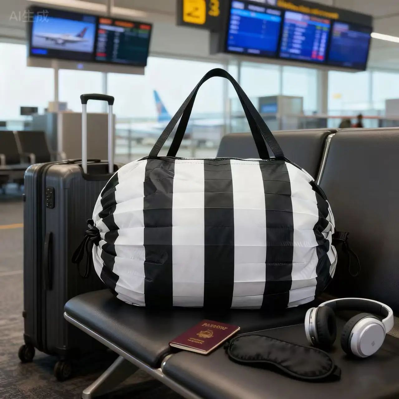 New black and white vertical striped folding accordion bag 50*35cm