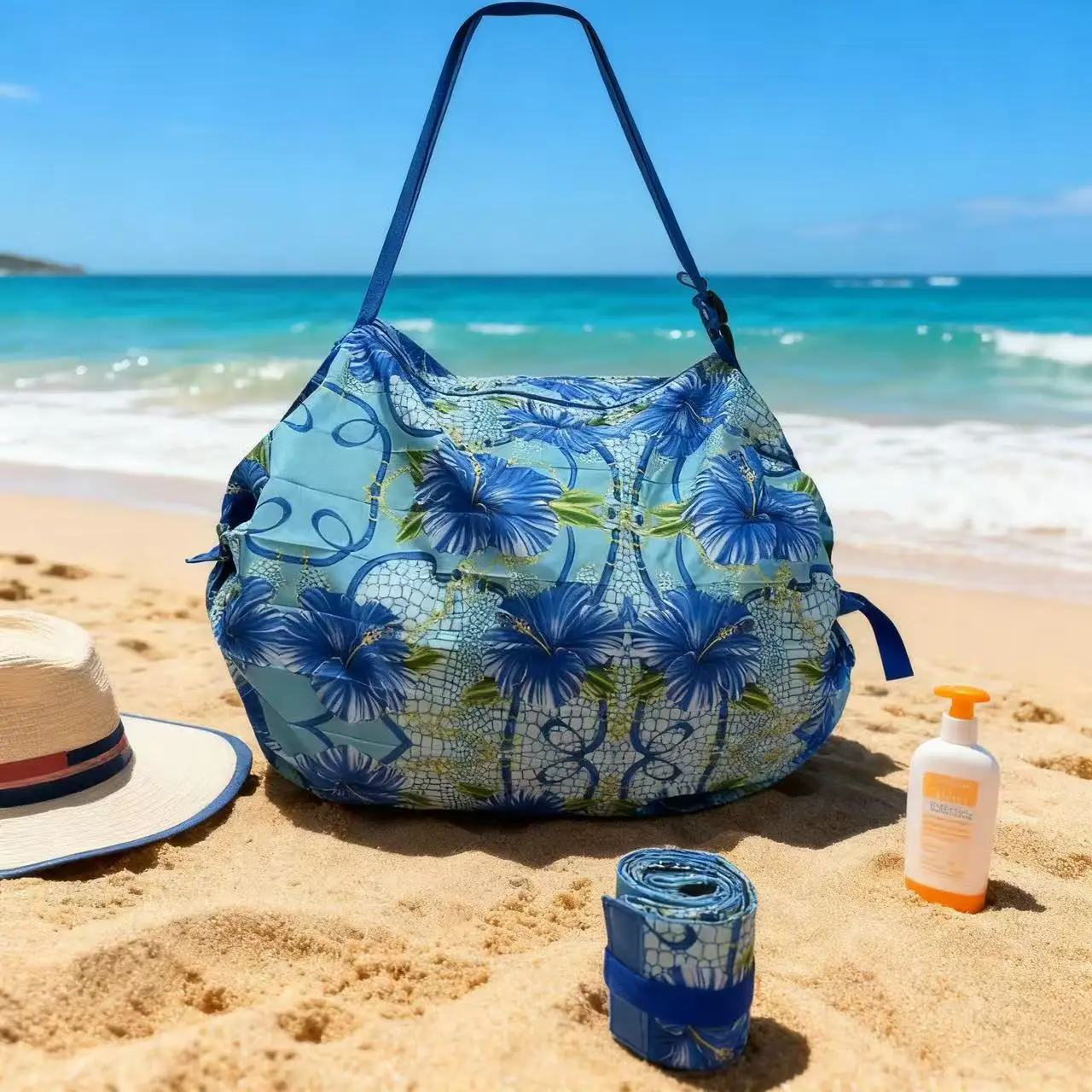 Hot-selling digital print blue morning glory daisy foldable accordion tote bag 50*35cm